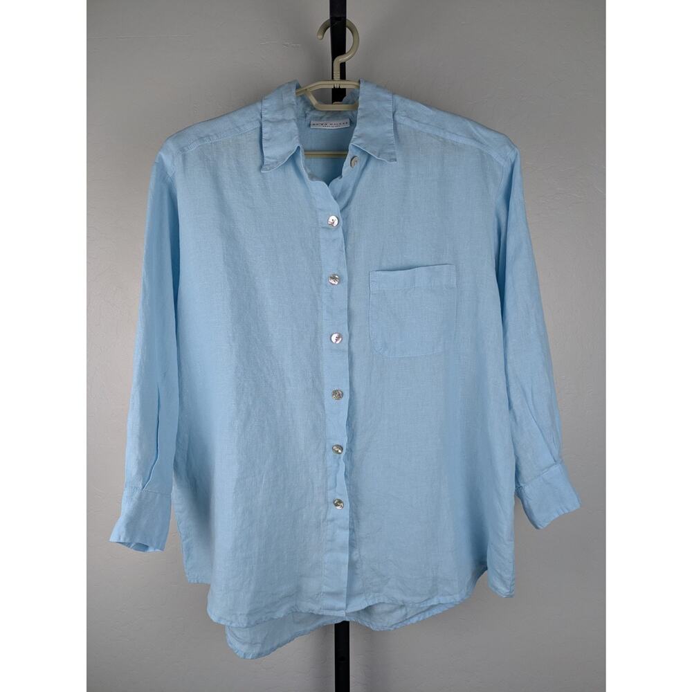 Bryn Walker OVERSIZED fits plus size blue Linen Button Front Shirt